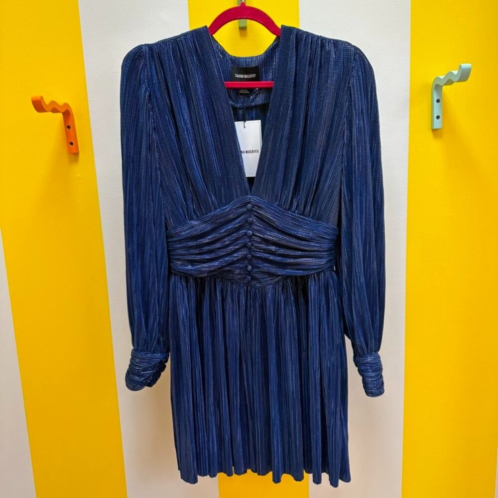 Sabina Musayev Blue Metallic Puff Sleeve Mini Dress Size Large NWT